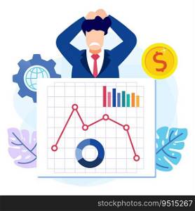 Flat vector illustration of world economic crisis. Business income decreased. Price inflation, money stagnation, rising unemployment and increasing national debt Bankruptcy or market collapse
