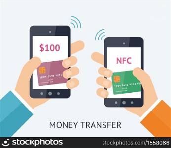 Flat vector illustration. Online money trasfer concept. Two modern smartphones with credit cards on the screen and NFC radio wave outside. Near field communication technology.. Online money trasfer concept