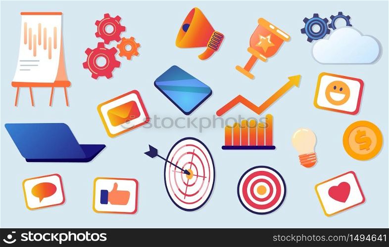 Flat Vector Illustration Set from Different Items. On Blue Background Laptop, Stickers, Smartphone, Game Darts, Board Training, Gear, Gold Coin with Dollar, Sign Light, Bulb Diagram an Arrow Up.