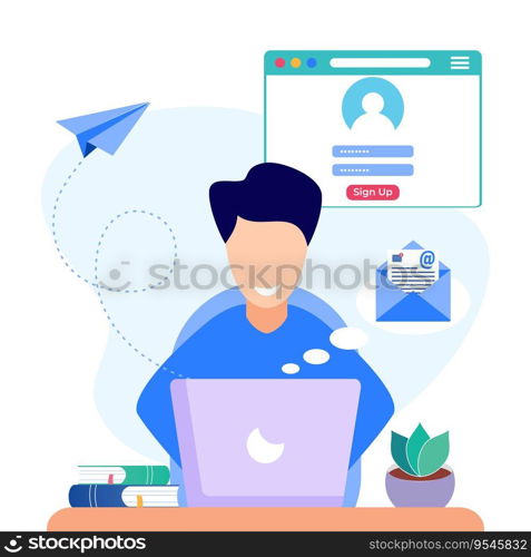 Flat vector illustration Simple scene with online registration. Create an account or log in to a specific site. Click the menu on the button banner to subscribe to marketing.
