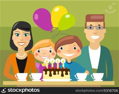 Flat Vector Illustration: traditional family selebration, tea party with birthday cake