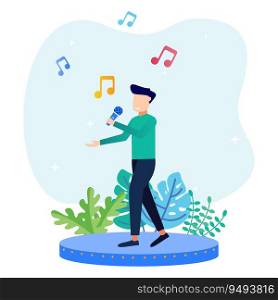Flat Vector Illustration, woman Singing Song with Mic. Duet Talent Show, Karaoke Club Show, Recording Studio. Website Landing Pages, Cartoon Web Pages, Banners.