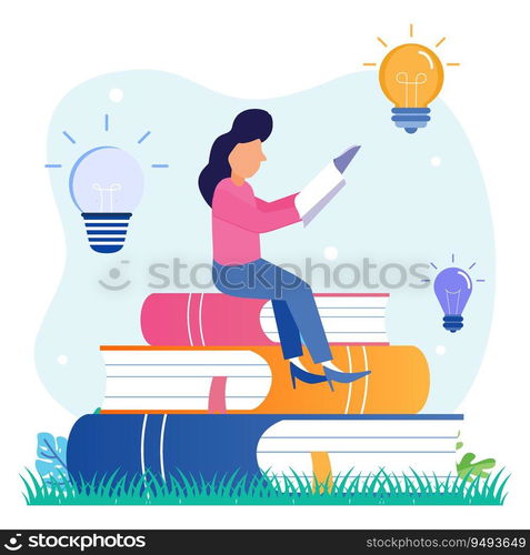 Flat vector illustration Young people character sitting reading a big book has a new great idea. New creative ideas and innovation concepts.