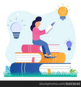 Flat vector illustration Young people character sitting reading a big book has a new great idea. New creative ideas and innovation concepts.