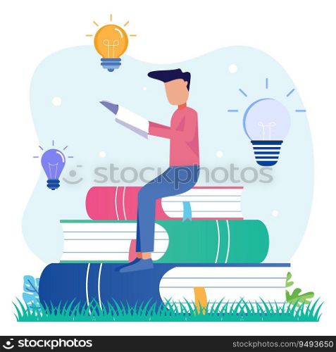 Flat vector illustration Young people character sitting reading a big book has a new great idea. New creative ideas and innovation concepts.
