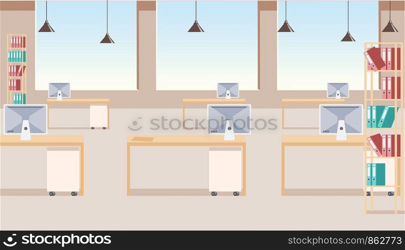 Flat Vector Modern Office Space Interior with Large Windows, Computer Monitors on Desks and Paper Binders on Racks Illustration. Business Company Work Places, Innovative School or University Audience