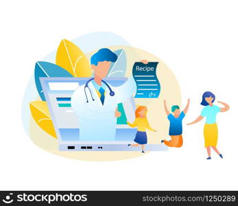 Flat Vector Online Consultation Doctor and Patient. Illustration Male Pediatrician in White Medical Gown, Laptop Screen Holding Out Treatment Recipe. Happy Mom and Children Jumping Cured Disease