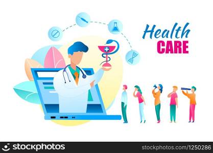 Flat Vector Online Health Care Doctor Consultation. Banner Illustration Doctor Talk About Medicine from Laptop Monitor Screen. Group People Seeks Help from Medical Specialist. Snake Wrapped Around Cup