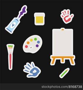 Flat vector painting tools in childish style. Hand drawn art supplies, brush, paint, palm, palette, rubber, easel stickers. Clipart elements isolated on white background