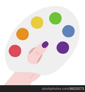 Flat vector painting tools in childish style. Hand drawn art supplies, hand halding rainbow palette with paint. Clipart elements isolated on white background