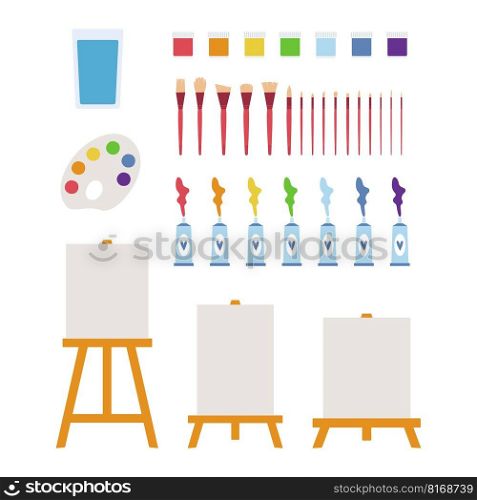 Flat vector painting tools in childish style. Hand drawn art supplies, paint brush, palm, gouache, acrylic, easel, palette. Clipart elements isolated on white background