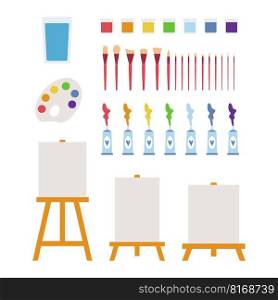 Flat vector painting tools in childish style. Hand drawn art supplies, paint brush, palm, gouache, acrylic, easel, palette. Clipart elements isolated on white background
