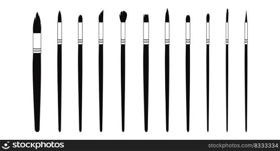 Flat vector painting tools in childish style. Hand drawn art supplies, paint brushes for acrylic, gouache. Clipart elements isolated on white background