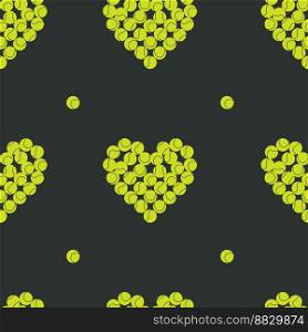 Flat vector seamless pattern, digital paper. Hand drawn tennis balls in heart