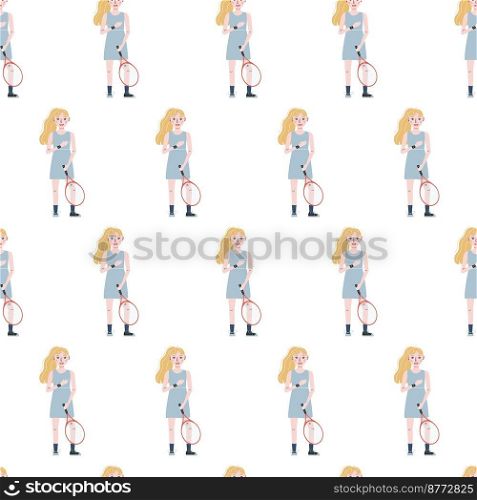 Flat vector seamless pattern, digital paper. Hand drawn tennis player with racket