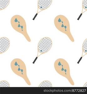 Flat vector seamless pattern, digital paper. Hand drawn tennis racket with d&ener and case