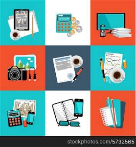 Flat vector set of office things, equipment, objects. Vector illustration