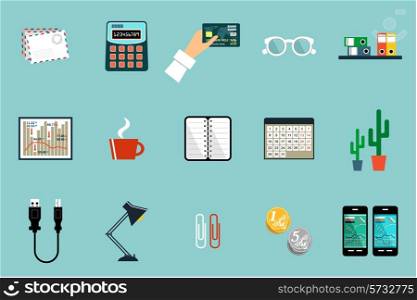 Flat vector set of office things, equipment, objects. Vector illustration