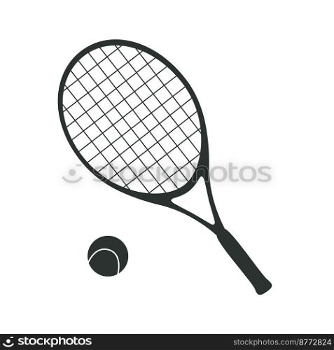 Flat vector silhouette illustration in childish style. Hand drawn tennis racquet and a ball. Clipart isolated on white background