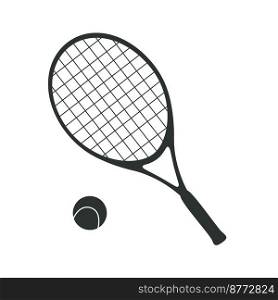 Flat vector silhouette illustration in childish style. Hand drawn tennis racquet and a ball. Clipart isolated on white background