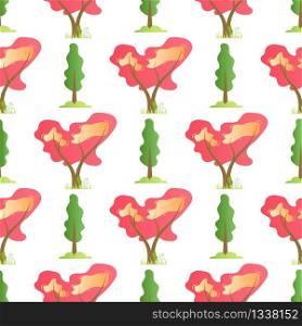 Flat Vector Summer Trees Seamless Cartoon Pattern. Repeatable Illustration. Different Isolated Plants Vegetation on White Background. Natural Design, Print Fabric Paper. Wallpaper Endless Template. Flat Vector Summer Trees Seamless Cartoon Pattern