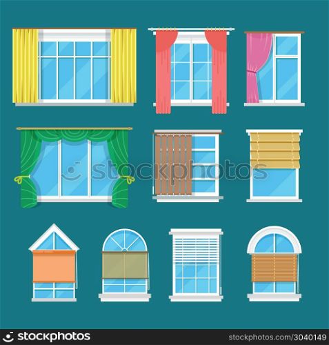 Flat vector window with curtains, drapery, shades blinds. Flat vector window with curtains, drapery and shades blinds. Modern decor and interior for room illustration