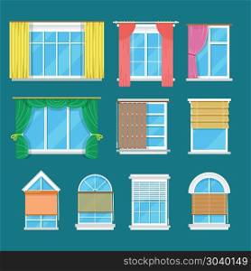 Flat vector window with curtains, drapery, shades blinds. Flat vector window with curtains, drapery and shades blinds. Modern decor and interior for room illustration