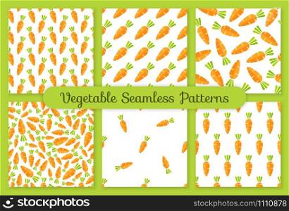 Flat vegetable seamless pattern collection. Retro style trendy background ornament set with carrot vegetables in bright orange color. Cute vector illustration for wrapping paper or restaurant menu. Orange carrot flat vegetable seamless pattern set