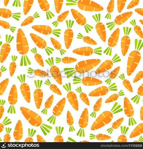 Flat vegetable seamless pattern. Retro style background ornament with random ordered carrot vegetables in bright orange and yellow colors. Vector illustration for wrapping paper or restaurant menu. Flat orange carrot vegetable seamless pattern