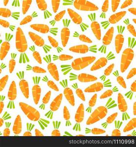 Flat vegetable seamless pattern. Retro style background ornament with random ordered carrot vegetables in bright orange and yellow colors. Vector illustration for wrapping paper or restaurant menu. Flat orange carrot vegetable seamless pattern