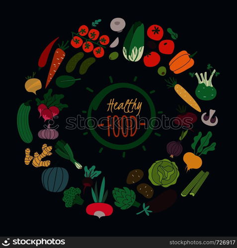 Flat vegetables. Color carrot onion cucumber tomato potato eggplant for salad. Vegan organic food isolated on dark background, vector healthy food collection. Flat vegetables. Color carrot onion cucumber tomato potato eggplant for salad. Vegan organic food isolated on dark background vector collection