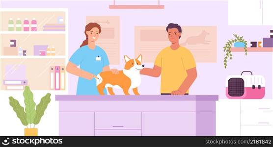 Flat vet clinic interior with veterinarian doctor, dog and owner. Veterinary healthcare center for pets. Animals vaccination vector concept. Character examining and treating puppy in hospital. Flat vet clinic interior with veterinarian doctor, dog and owner. Veterinary healthcare center for pets. Animals vaccination vector concept