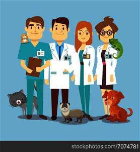 Flat veterinarians staff with cute animals. Veterinary and cartoon animals, vector illustration. Flat veterinarians staff with cute animals