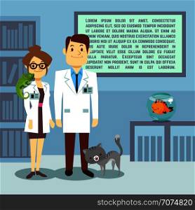 Flat veterinary office with doctors and animals. Medical office hospital, vector illustration. Flat veterinary office with doctors and animals