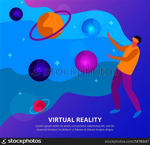 Flat virtual reality background with a man sees the solar system through the glasses vector illustration