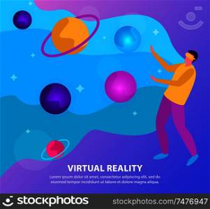 Flat virtual reality background with a man sees the solar system through the glasses vector illustration