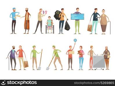 Flat Volunteer Characters Set. Volunteering people flat characters set with young volunteers helping animals old and disabled people planting trees vector illustration