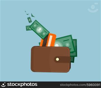 Flat wallet with card and cash. Leather wallet with dollars, credit cards. Leather purse with banknotes. Brown wallet. Full wallet. Purse with money. Wallet filled up with money and plastic cards