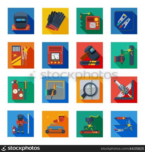 Flat Welding Icons In Colorful Squares . Welding flat icons in colorful squares with welder tools protection clothes and measuring instrument isolated vector illustration