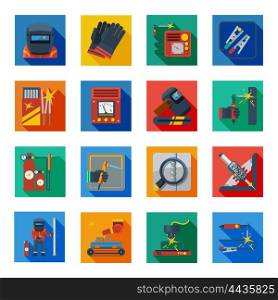 Flat Welding Icons In Colorful Squares . Welding flat icons in colorful squares with welder tools protection clothes and measuring instrument isolated vector illustration