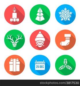 flat white design christmas icons set. vector various christmas new year flat style white icons set with shadow