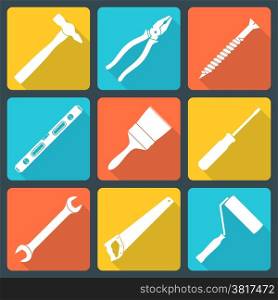 flat white house remodel tools icons. vector various white silhouette flat design house repair instruments equipment icons set with shadow