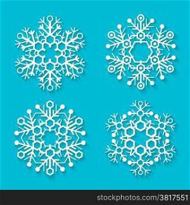 flat white snowflakes set. vector flat white snowflakes set with shadows on blue background