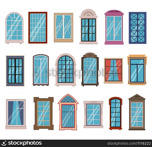 Flat windows frames. Colorful various wooden and plastic window frames with window sills, exterior architectural house wall outside wood arch construction vector elements. Flat windows frames. Colorful various wooden and plastic window frames with window sills, exterior architectural house wall vector elements