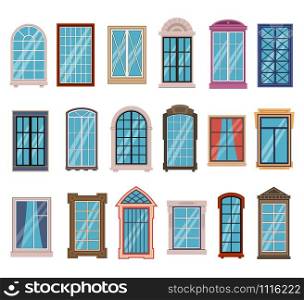 Flat windows frames. Colorful various wooden and plastic window frames with window sills, exterior architectural house wall outside wood arch construction vector elements. Flat windows frames. Colorful various wooden and plastic window frames with window sills, exterior architectural house wall vector elements