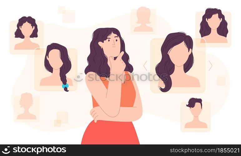 Flat woman choose hair style in digital space. Stylist decision haircut app. Girl hairstyle choice on floating cyber screen vector concept. Online beauty salon with different hairdo