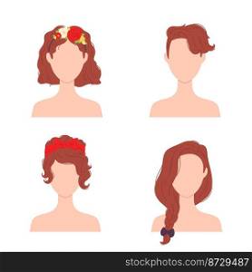 Flat woman hairstyles with flower, beauty and fashion. Vector of hair girl, lady portrait glamour, flower hairstyle illustration. Flat woman hairstyles with flower, beauty and fashion