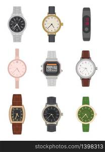 Flat wrist watch. Various mens and womens classic and modern watches with different classy design fashion bracelets and straps vector set. Flat wrist watch. Various mens and womens classic and modern watches with different classy design bracelets and straps vector set
