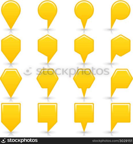Flat yellow color map pin sign location icon. Flat yellow color map pin sign location icon with gray shadow and reflection isolated on white background. Web design element save in vector illustration 8 eps