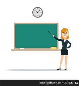 Flat young smiley female school teacher speaker showing on board vector illustration. Education, knowledge and studding professional training concept.